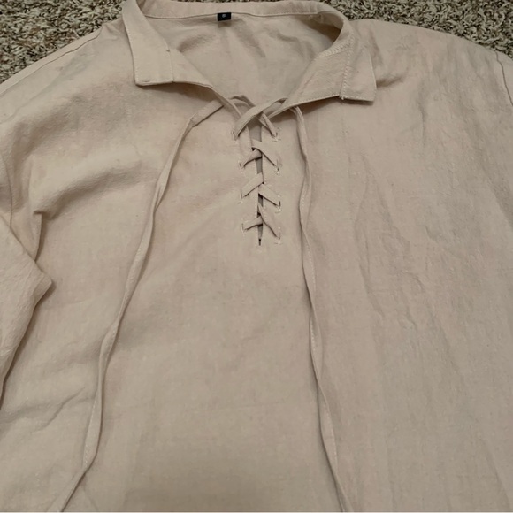 Men's Beige Lace-Up Shirt, Size Small - Picture 2 of 7